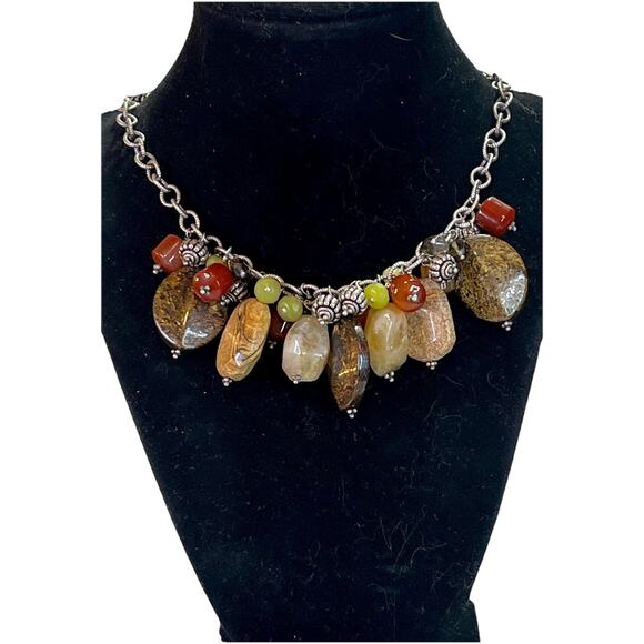 Barse Chunky Sterling Silver Multi Gemstone Agate & Jasper Nugget Necklace-106g - Picture 1 of 15